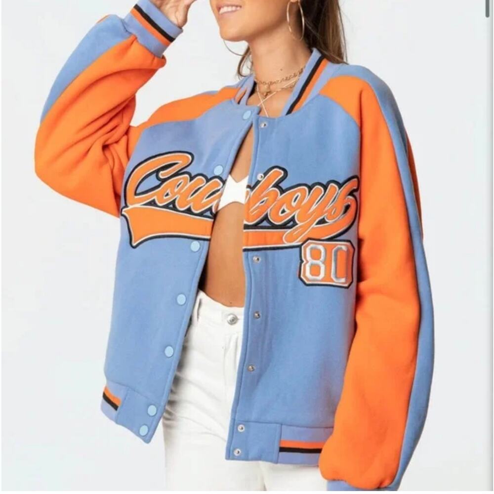 Edikted Cowboys blue orange varsity jacket M Retro Schoolgirl Academia football